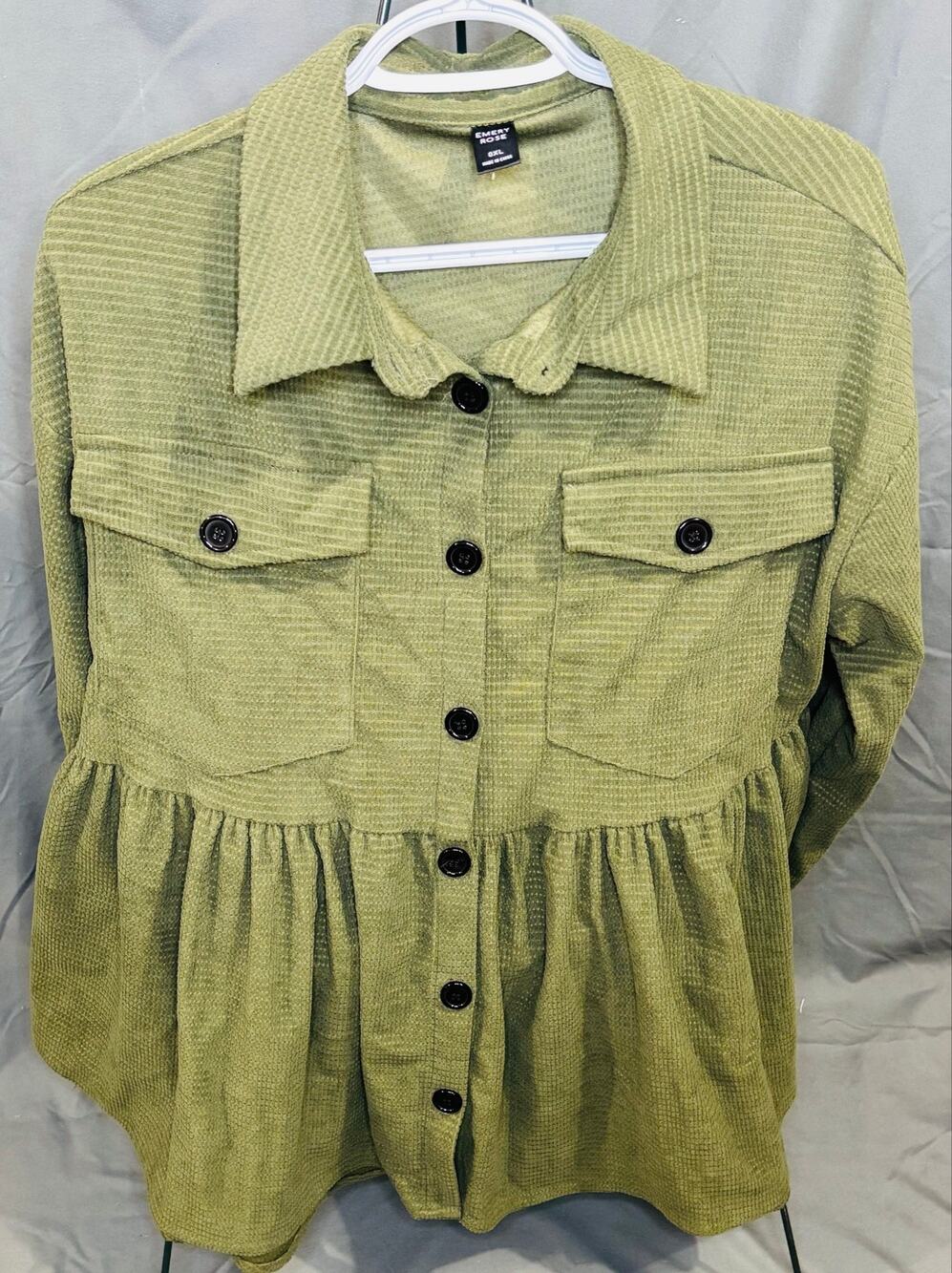 Emery Rose Olive Green Corduroy Peplum Shacket Jacket Button Front Pockets 0XL